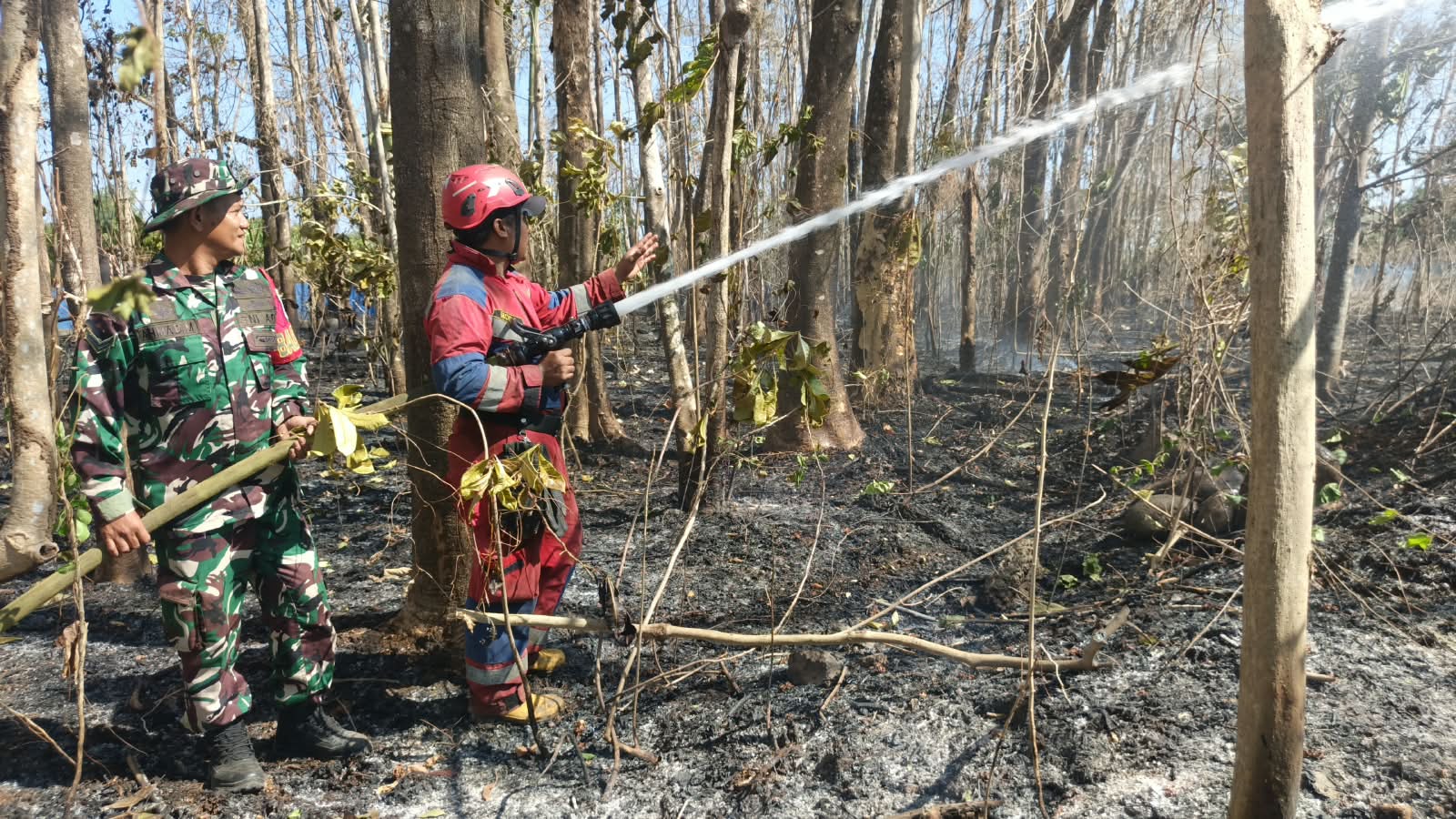 *Aksi Cepat Babinsa dan Damkar Padamkan Kebakaran Lahan Seluas 1 Hektar di Gowa*
